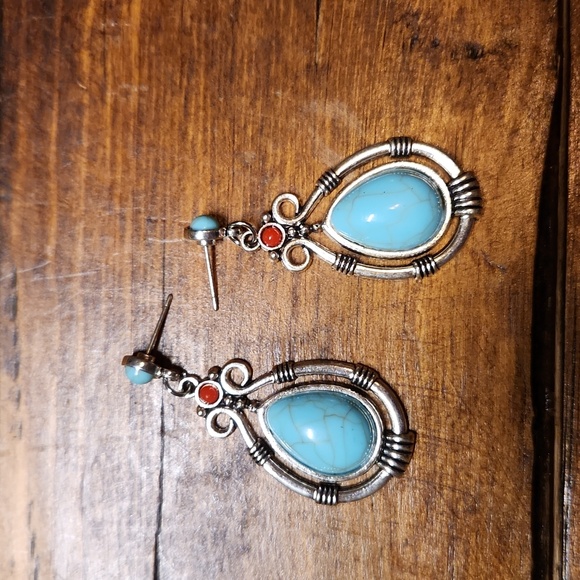 Silver Faux Turquoise Earrings - Picture 4 of 4